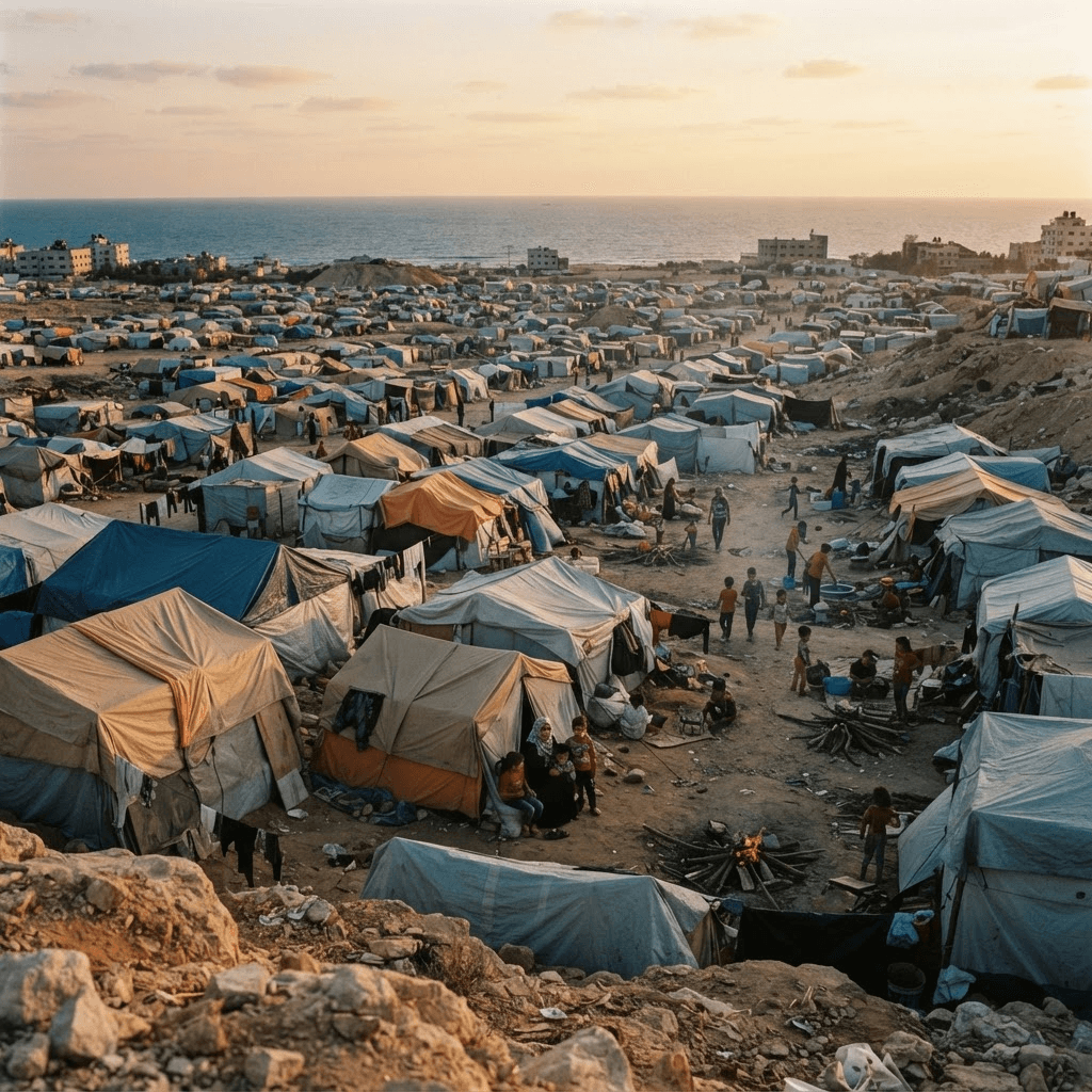 A humanitarian view of Gaza showing displaced families and damaged shelter