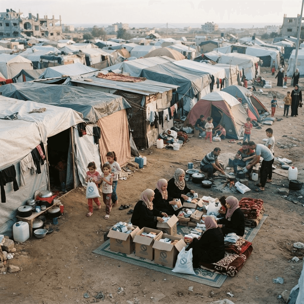 A wide displacement camp spread across a dry landscape
