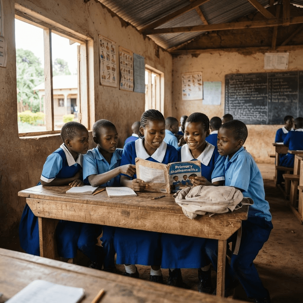 Ugandan schoolchildren studying with books and backpacks in a classroom