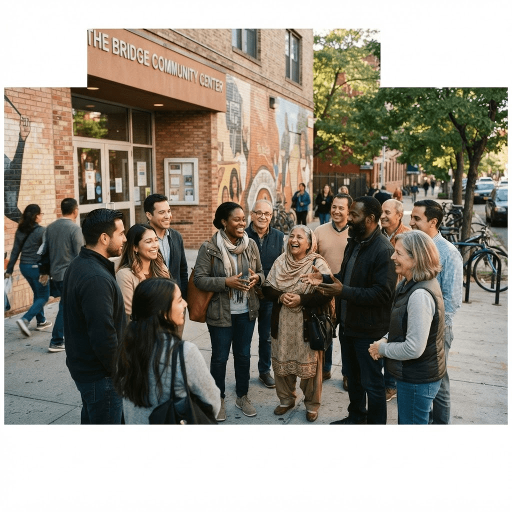Community members standing together at an exhibition