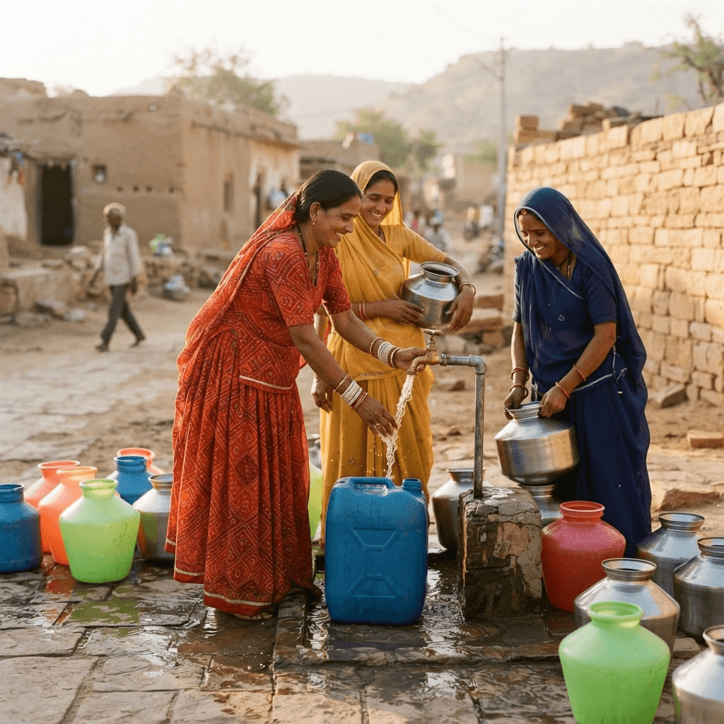 Families waiting beside water containers in a displacement setting